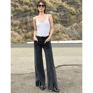 WASH LAB Front Slit Straight Brushed Black Women's Size 30 Jeans Wide Leg Panels